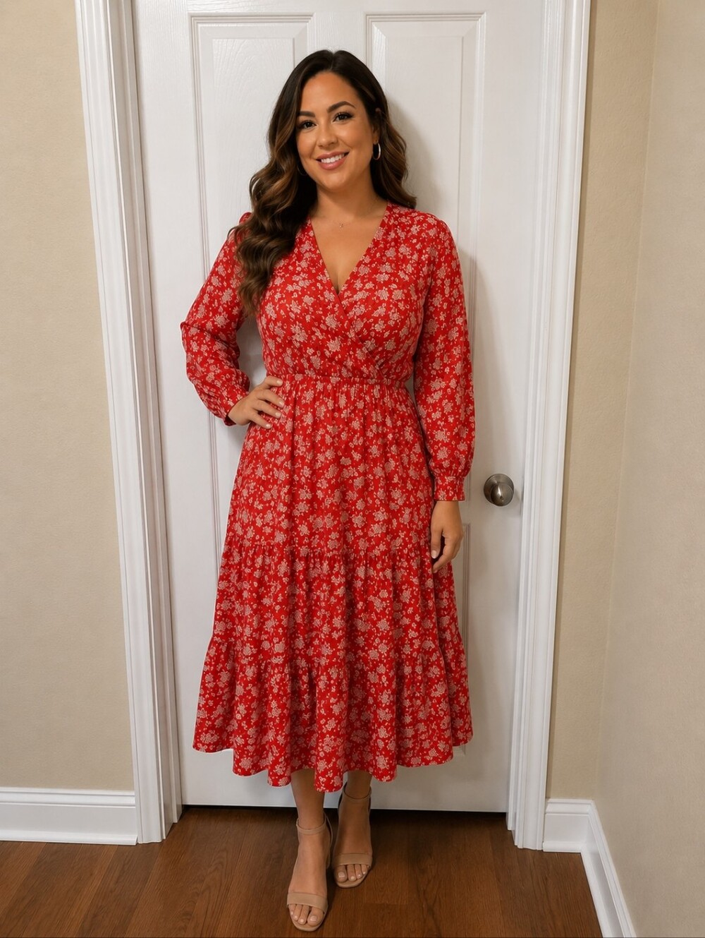 Dex Red Floral V-Neck Tie-Front Maxi Dress